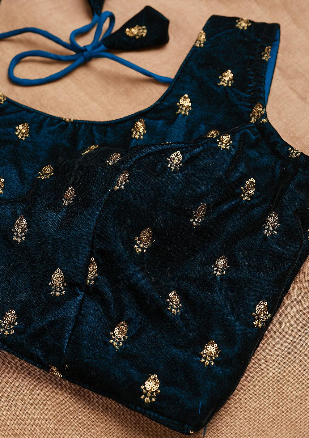 Peacock Blue Zariwork Velvet Blouse-Koskii