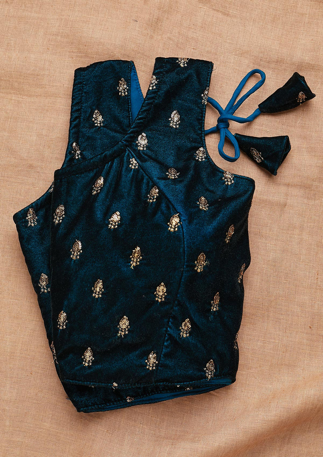 Peacock Blue Zariwork Velvet Blouse-Koskii