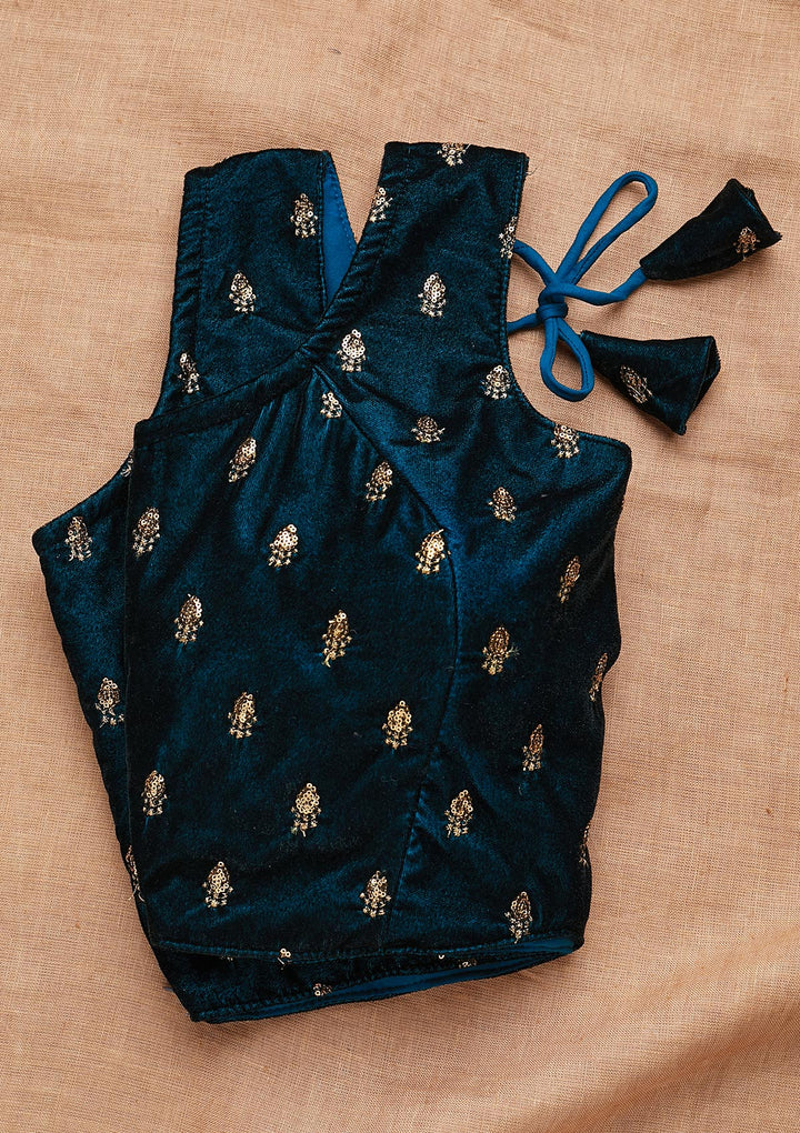 Peacock Blue Zariwork Velvet Blouse-Koskii