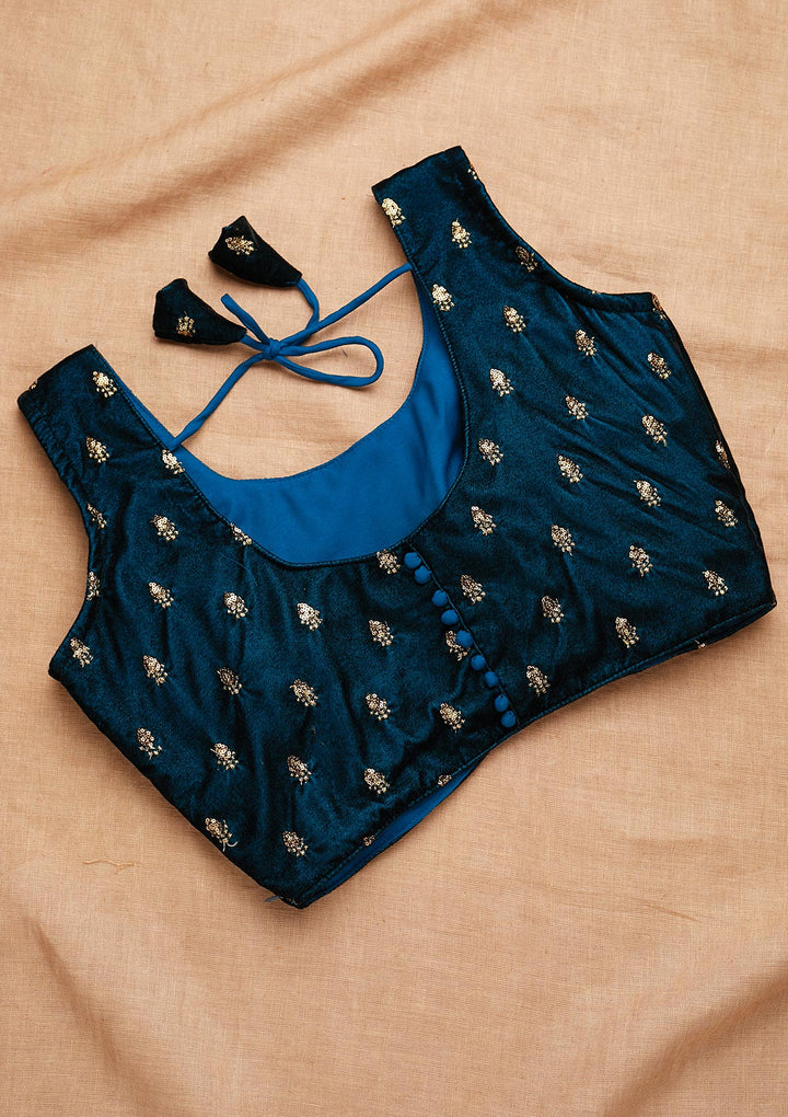 Peacock Blue Zariwork Velvet Blouse-Koskii