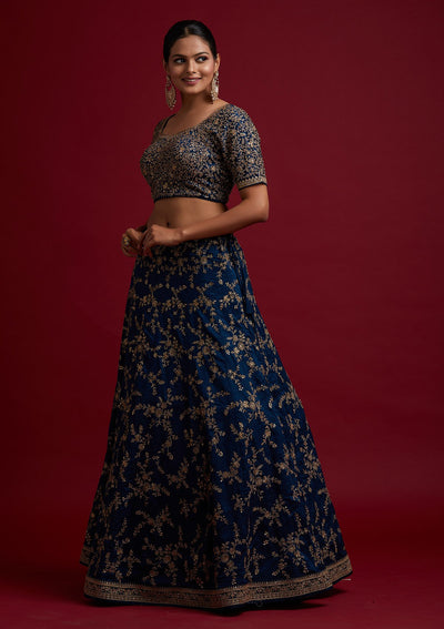 Peacock Blue Zariwork Raw Silk Designer Lehenga - koskii