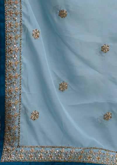 Peacock Blue Zariwork Raw Silk Designer Lehenga - Koskii