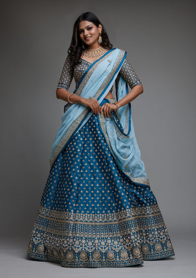 Peacock Blue Zariwork Raw Silk Designer Lehenga - Koskii