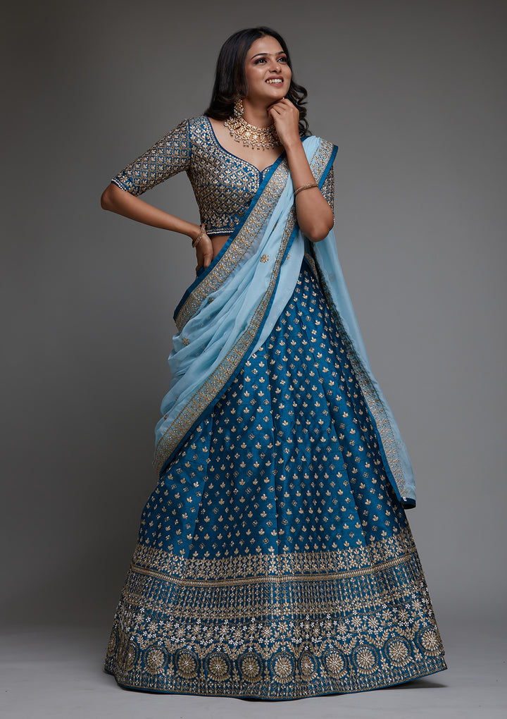 Peacock Blue Zariwork Raw Silk Designer Lehenga - Koskii