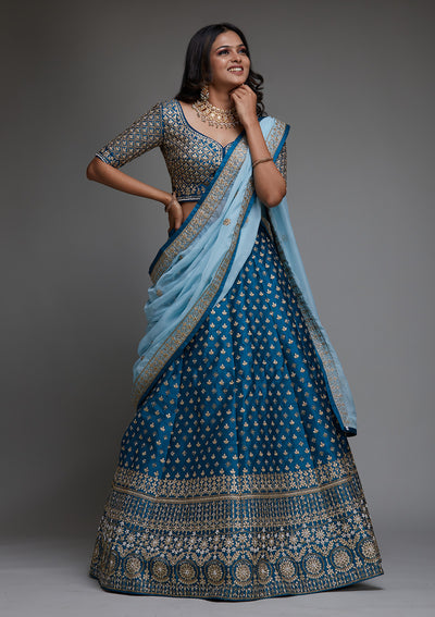 Peacock Blue Zariwork Raw Silk Designer Lehenga - Koskii