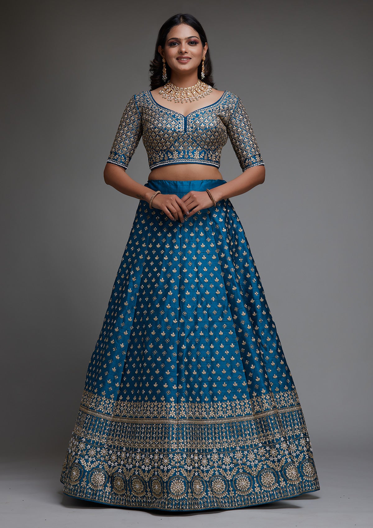 Peacock Blue Zariwork Raw Silk Designer Lehenga - Koskii