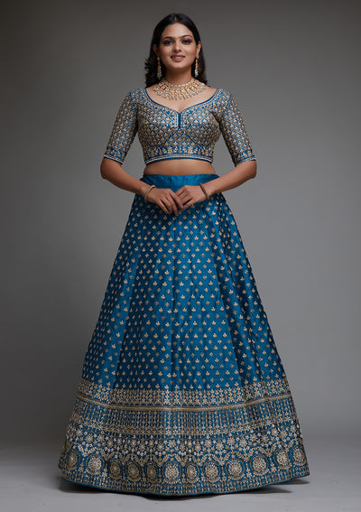 Peacock Blue Zariwork Raw Silk Designer Lehenga - Koskii