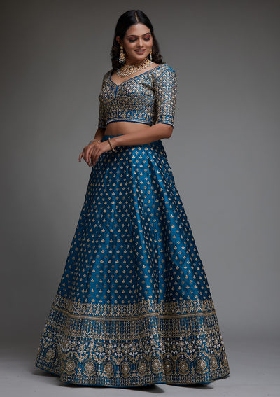 Peacock Blue Zariwork Raw Silk Designer Lehenga - Koskii