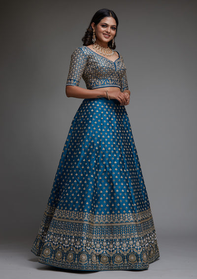 Peacock Blue Zariwork Raw Silk Designer Lehenga - Koskii