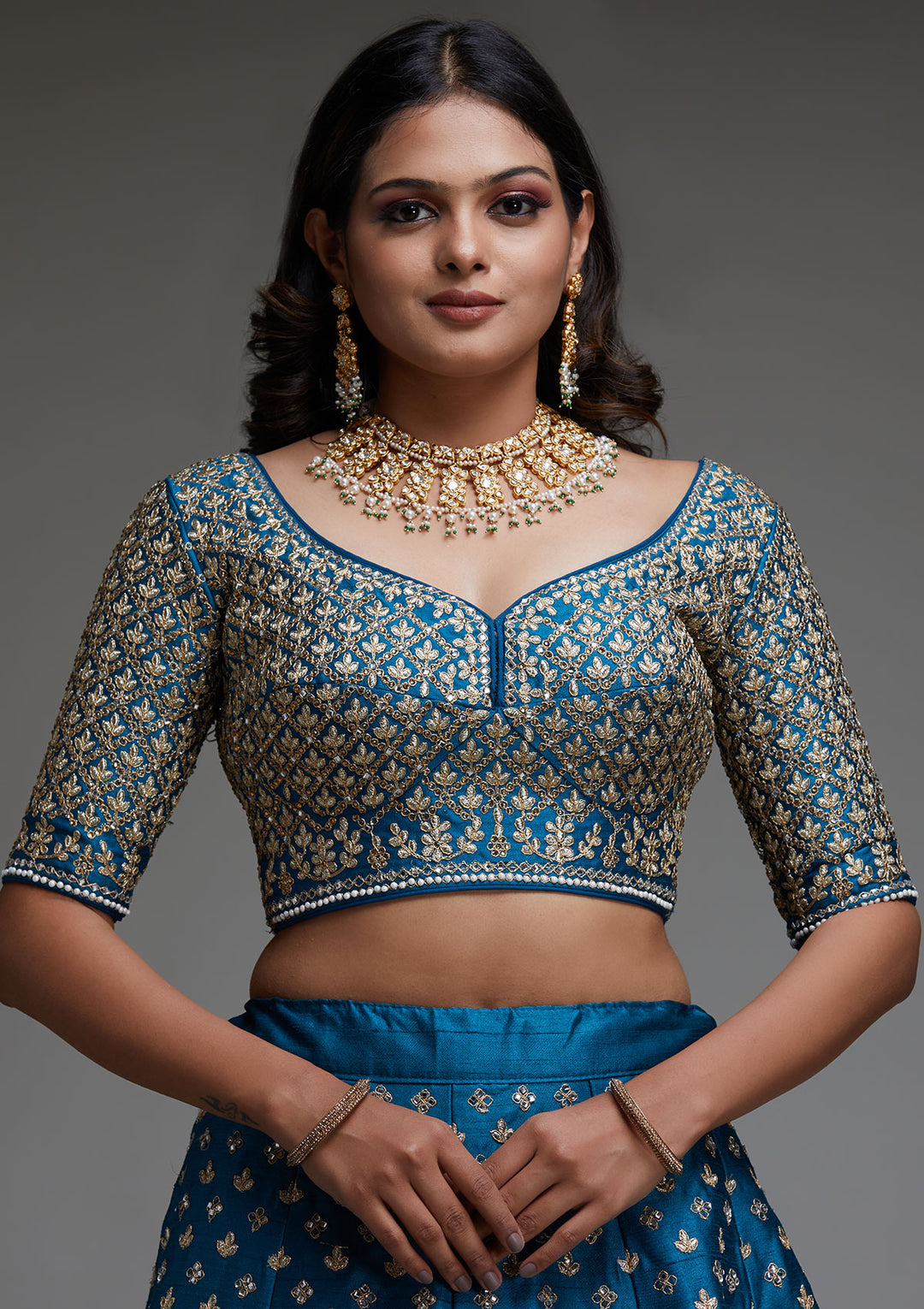 Peacock Blue Zariwork Raw Silk Designer Lehenga - Koskii
