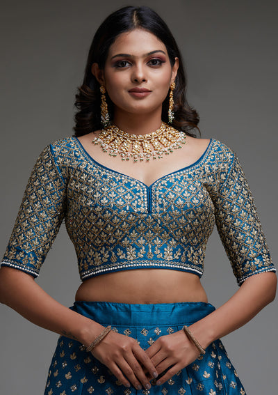 Peacock Blue Zariwork Raw Silk Designer Lehenga - Koskii