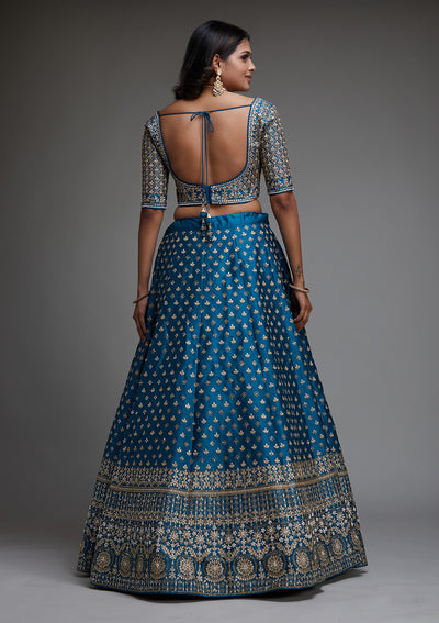 Peacock Blue Zariwork Raw Silk Designer Lehenga - Koskii
