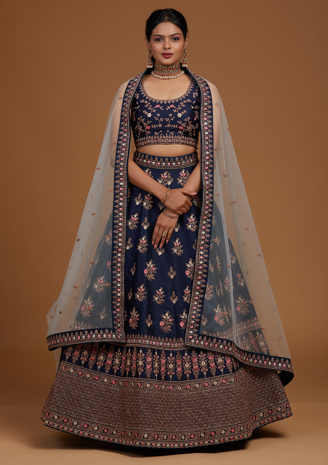 Peacock Blue Zariwork Raw Silk Designer Lehenga-Koskii