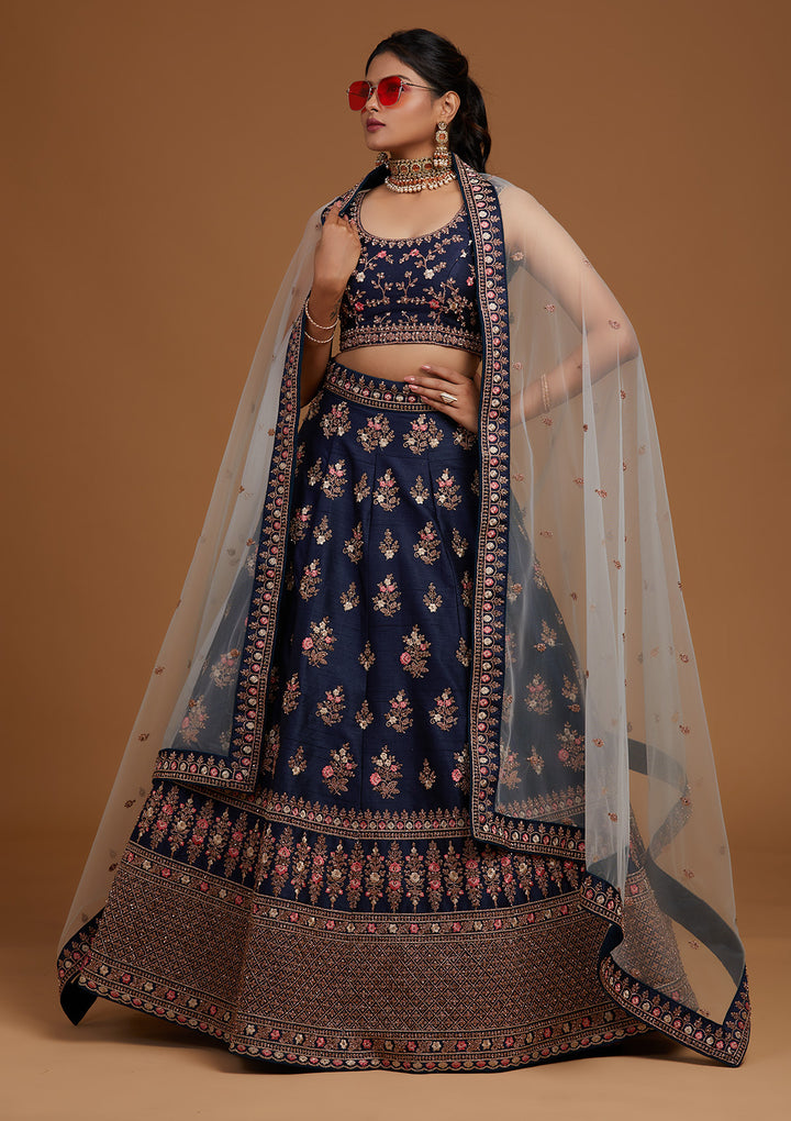 Peacock Blue Zariwork Raw Silk Designer Lehenga-Koskii