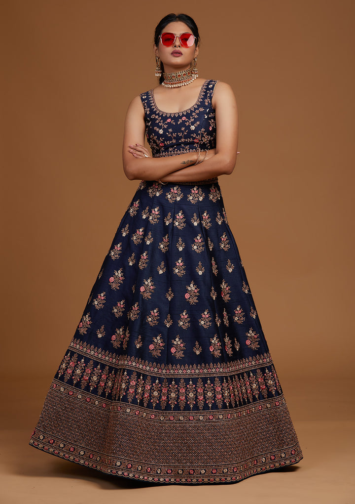 Peacock Blue Zariwork Raw Silk Designer Lehenga-Koskii