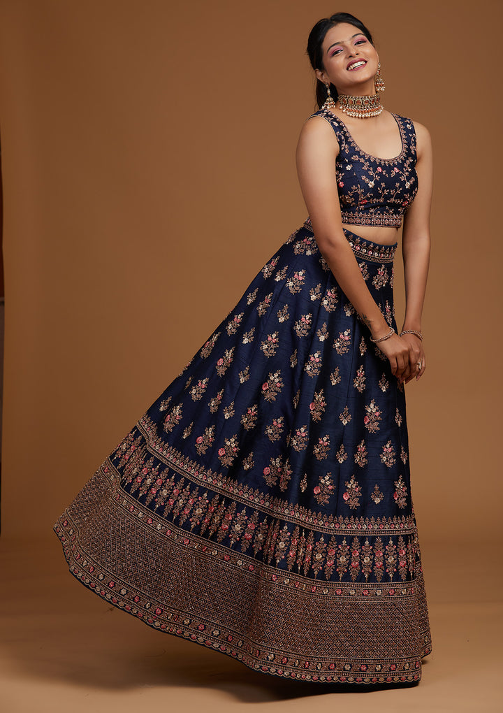 Peacock Blue Zariwork Raw Silk Designer Lehenga-Koskii