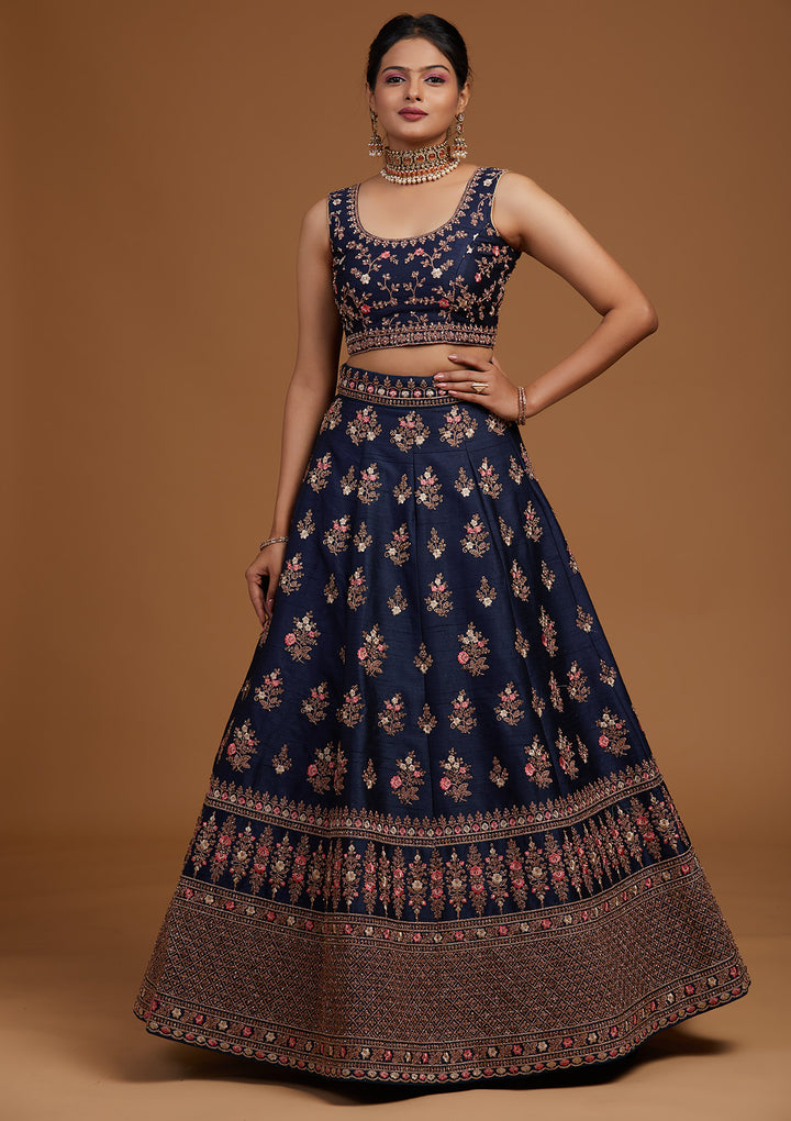 Peacock Blue Zariwork Raw Silk Designer Lehenga-Koskii