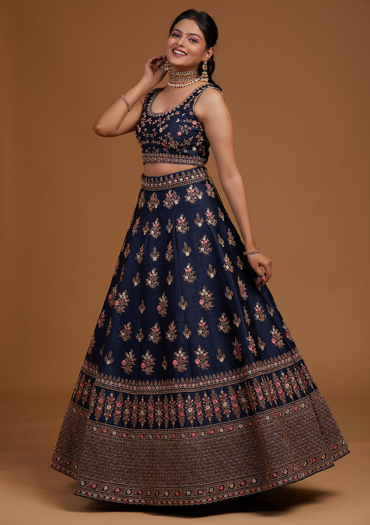 Peacock Blue Zariwork Raw Silk Designer Lehenga-Koskii