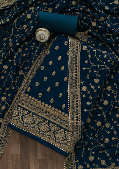 Peacock Blue Zariwork Raw Silk Unstitched Salwar Suit-Koskii