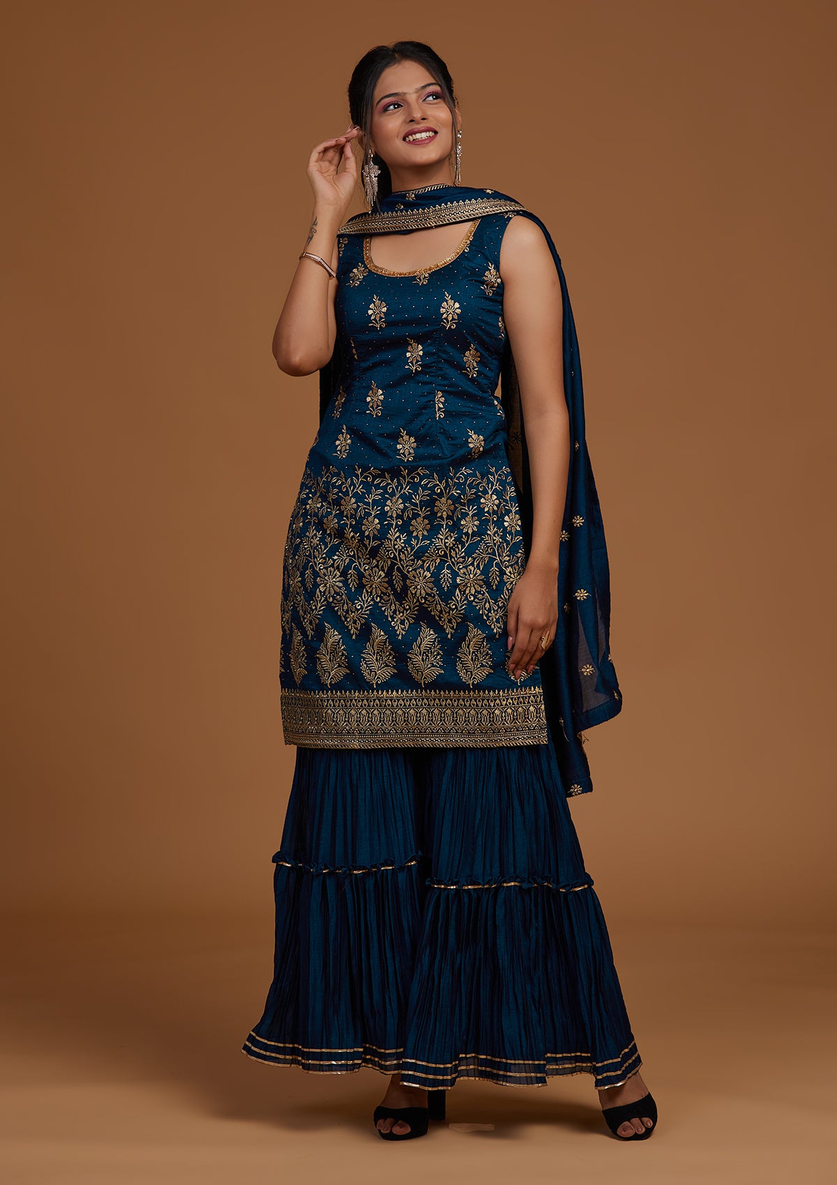 Peacock Blue Zariwork Raw Silk Designer Salwar Suit-Koskii