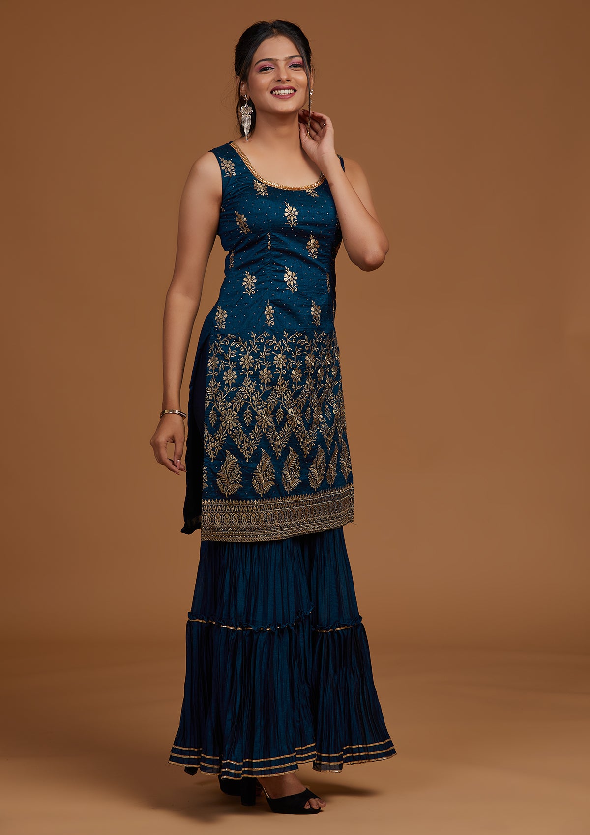 Peacock Blue Zariwork Raw Silk Designer Salwar Suit-Koskii