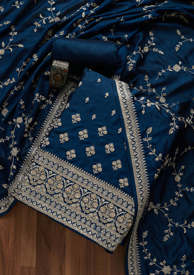 Peacock Blue Zariwork Raw Silk Unstitched Salwar Suit-Koskii