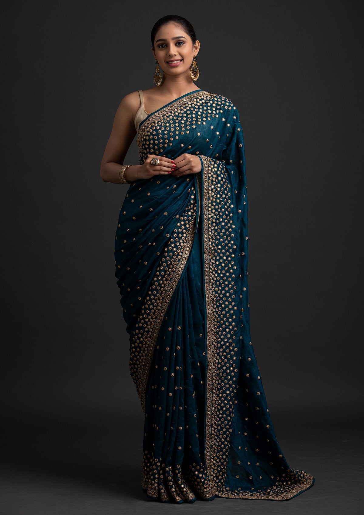 Peacock Blue Zariwork Raw Silk Designer Saree - koskii