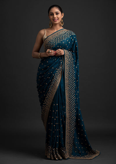 Peacock Blue Zariwork Raw Silk Designer Saree - koskii