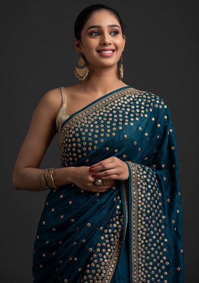 Peacock Blue Zariwork Raw Silk Designer Saree - koskii