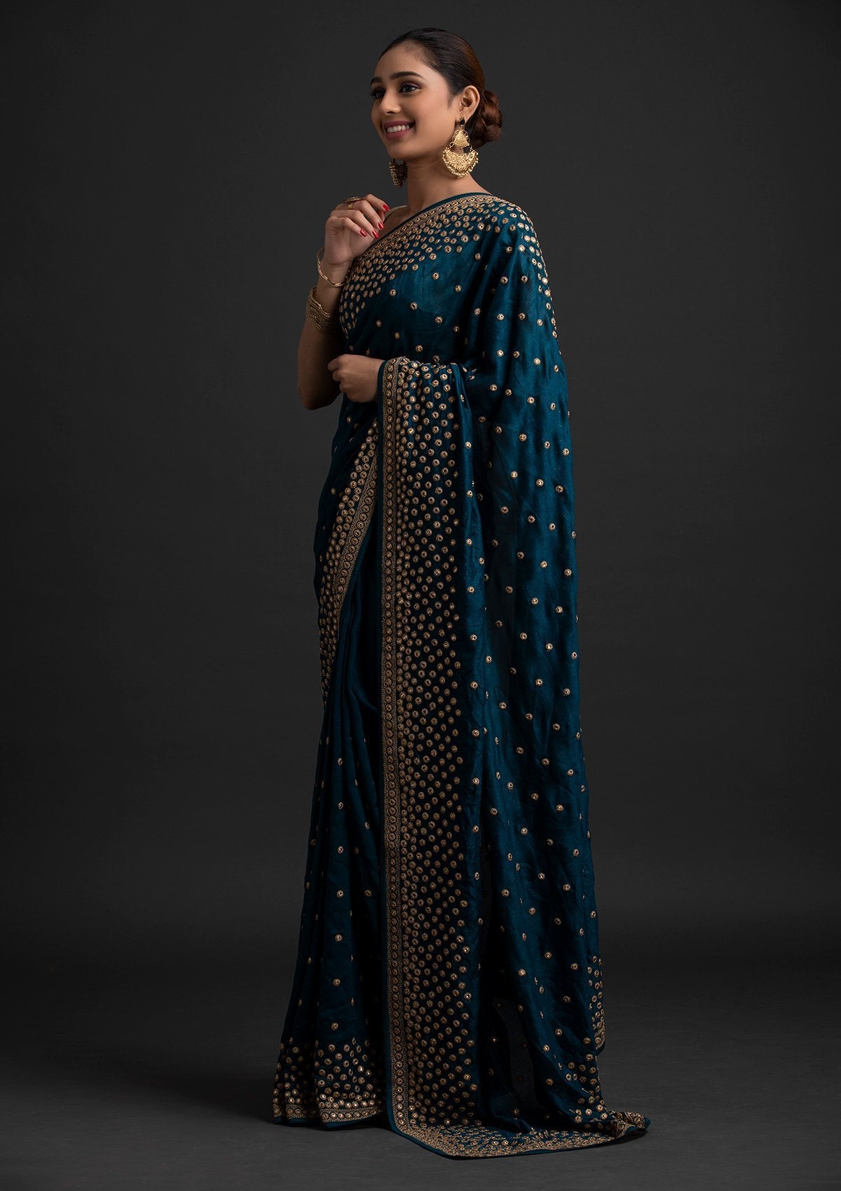 Peacock Blue Zariwork Raw Silk Designer Saree - koskii