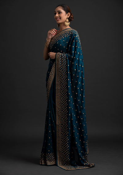 Peacock Blue Zariwork Raw Silk Designer Saree - koskii