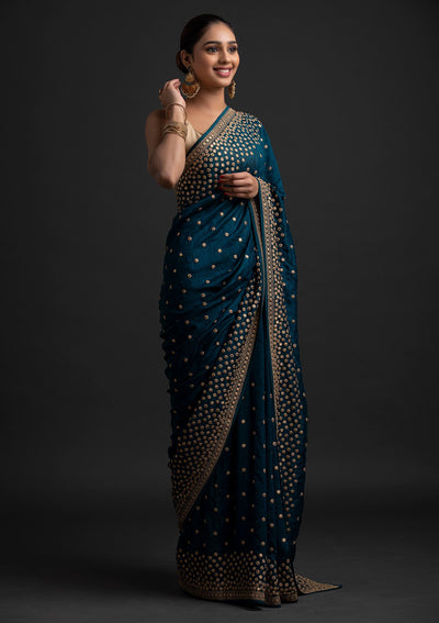 Peacock Blue Zariwork Raw Silk Designer Saree - koskii