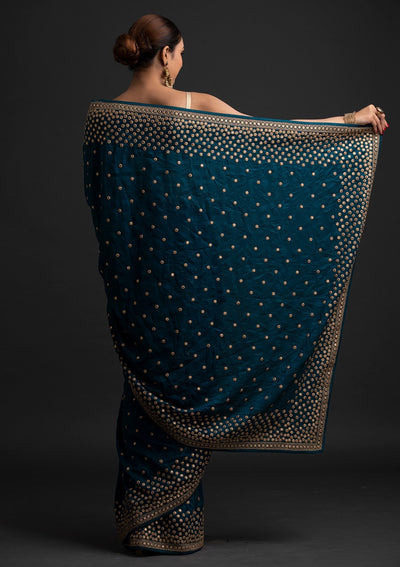 Peacock Blue Zariwork Raw Silk Designer Saree - koskii