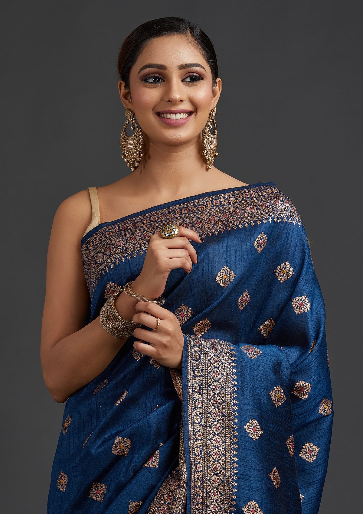 Peacock blue silk saree with on sale contrast blouse