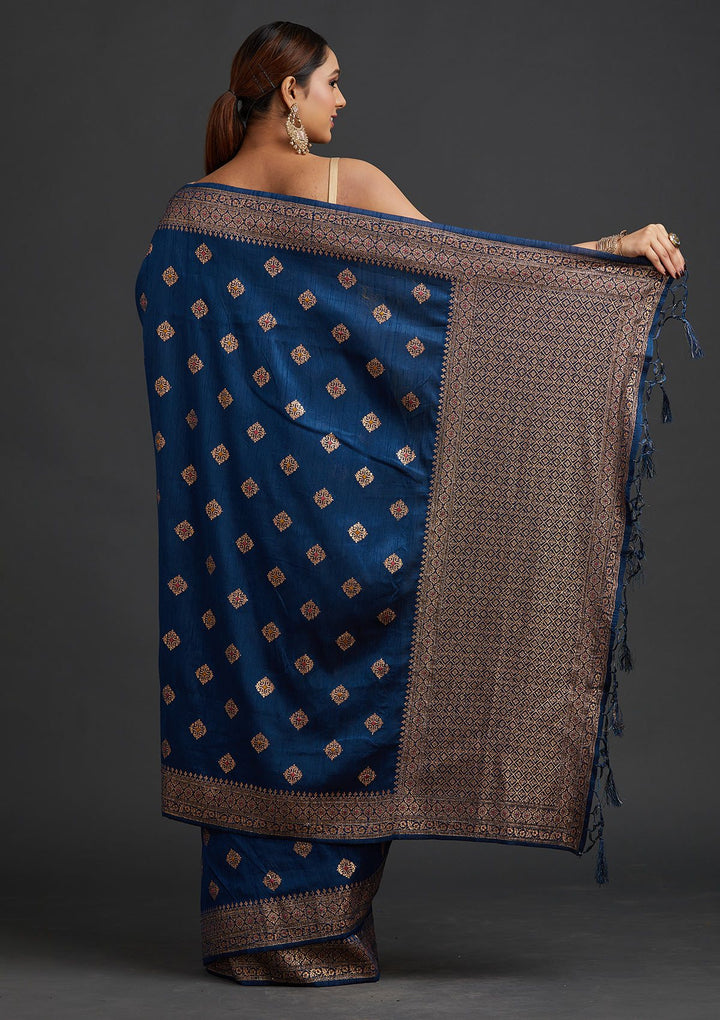 Peacock Blue Zariwork Raw Silk Designer Saree - koskii