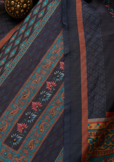 Peacock Blue Zariwork Semi Crepe Semi-Stitched Salwar Suit-Koskii