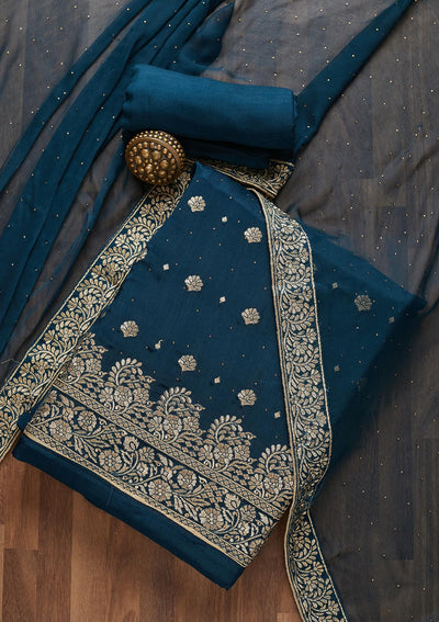 Peacock Blue Zariwork Semi Crepe Unstitched Salwar Suit- Koskii