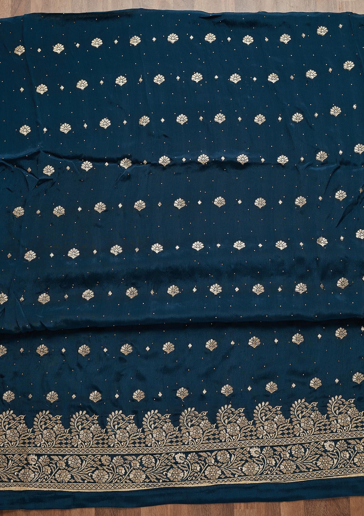 Peacock Blue Zariwork Semi Crepe Unstitched Salwar Suit - Koskii