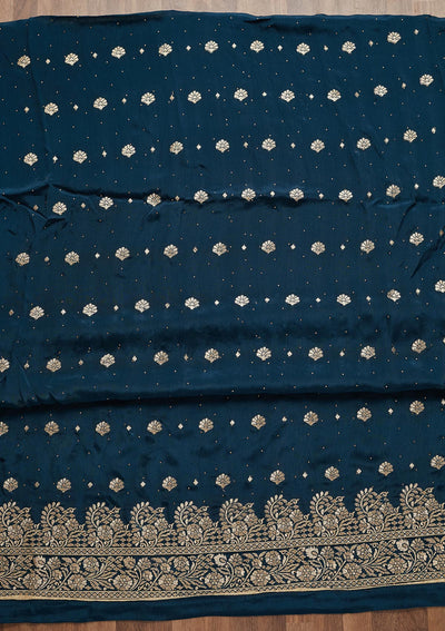 Peacock Blue Zariwork Semi Crepe Unstitched Salwar Suit - Koskii