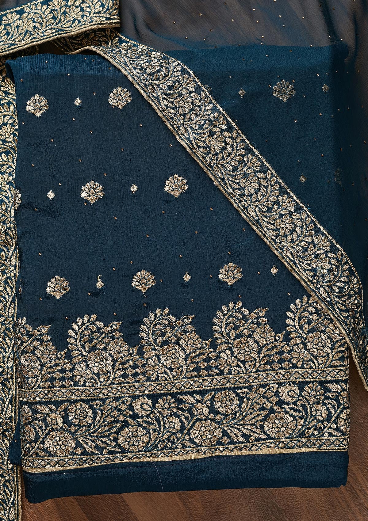 Peacock Blue Zariwork Semi Crepe Unstitched Salwar Suit - Koskii