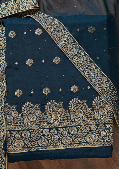 Peacock Blue Zariwork Semi Crepe Unstitched Salwar Suit - Koskii