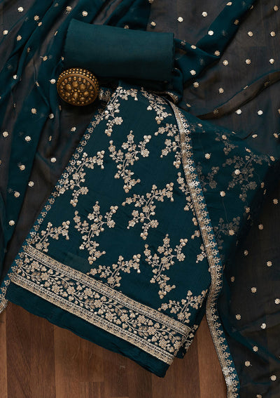 Peacock Blue Zariwork Semi Crepe Unstitched Salwar Suit-Koskii