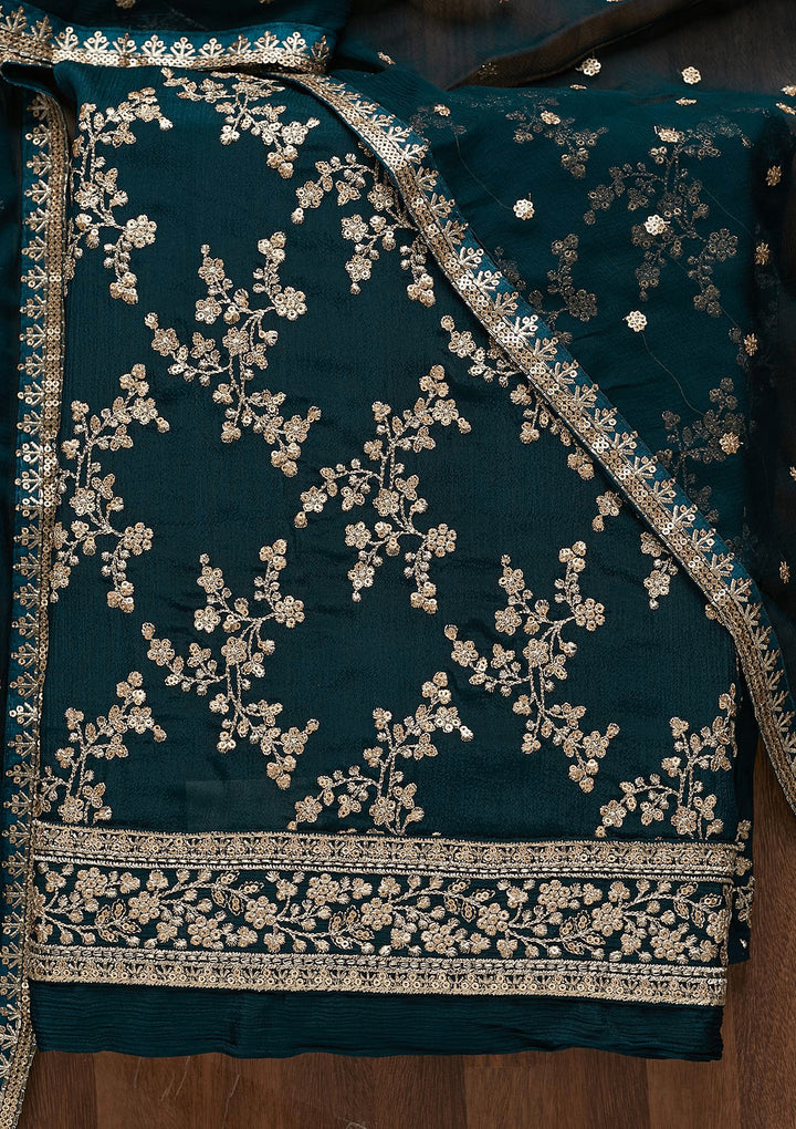 Peacock Blue Zariwork Semi Crepe Unstitched Salwar Suit-Koskii