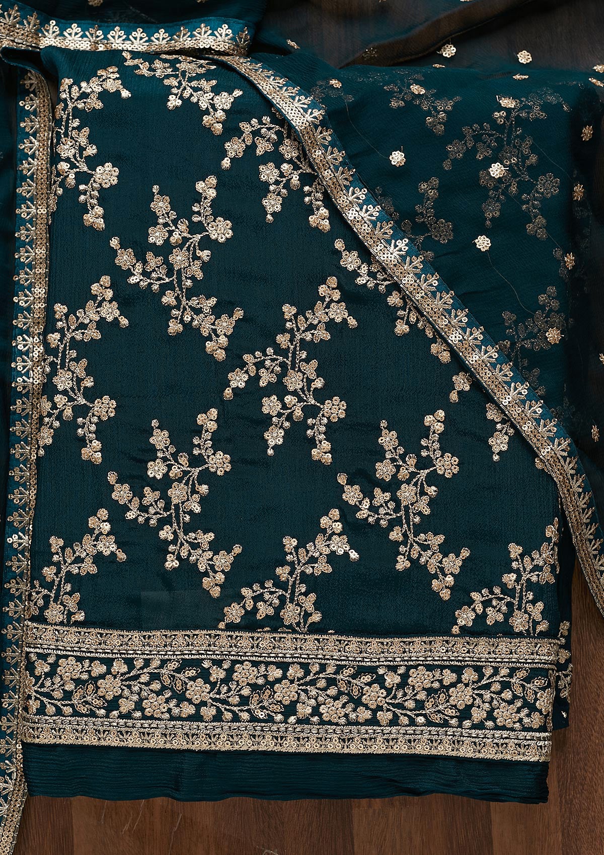 Peacock Blue Zariwork Semi Crepe Unstitched Salwar Suit-Koskii