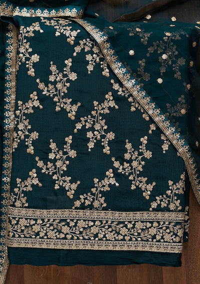 Peacock Blue Zariwork Semi Crepe Unstitched Salwar Suit-Koskii