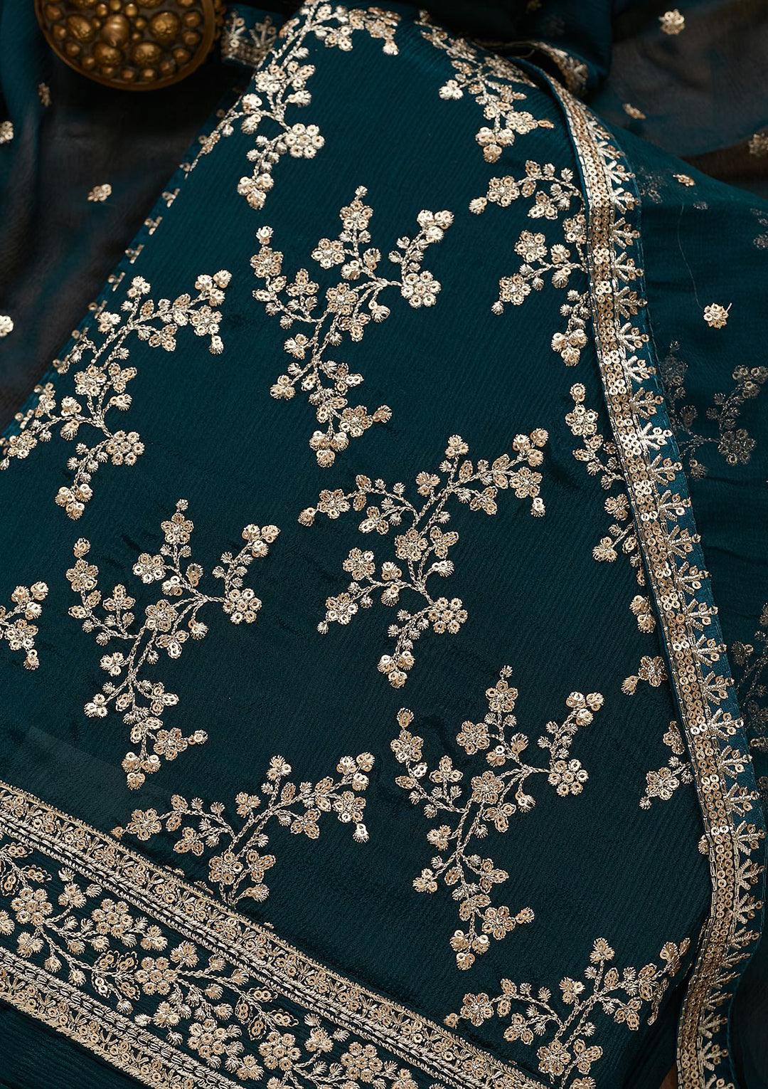 Peacock Blue Zariwork Semi Crepe Unstitched Salwar Suit-Koskii