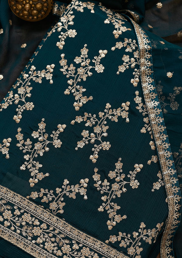 Peacock Blue Zariwork Semi Crepe Unstitched Salwar Suit-Koskii