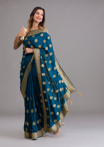 Peacock Blue Zariwork Semi Crepe Saree-Koskii