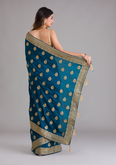 Peacock Blue Zariwork Semi Crepe Saree-Koskii