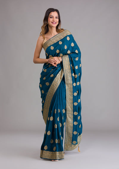 Peacock Blue Zariwork Semi Crepe Saree-Koskii